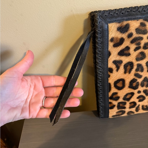 Cleobella Leopard Print Calf Hair Envelope Clutch with Black Leather Trim - Picture 3 of 12